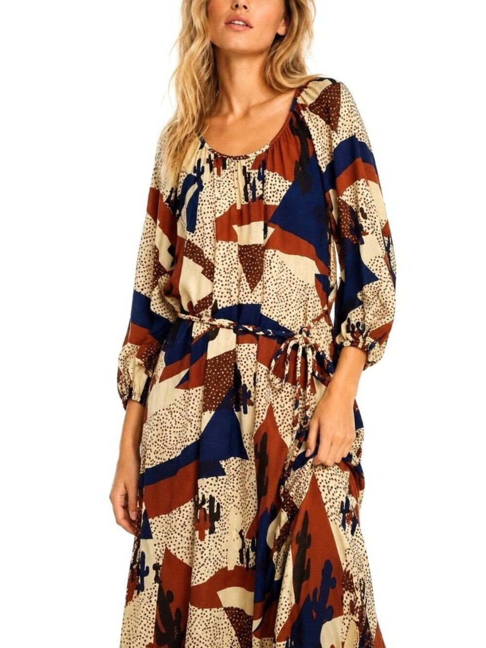 Anthropologie The Odells Linen Blend Geo Print Midi Dress Southwestern